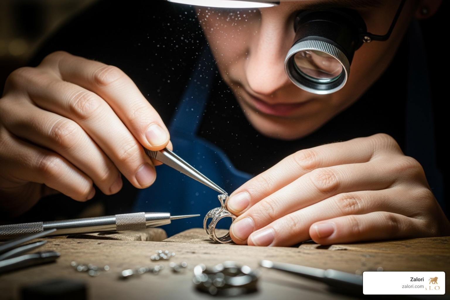 Jeweler's hands carefully setting a gemstone - Investment quality jewelry Jeweler's hands carefully setting a gemstone - Investment quality jewelry