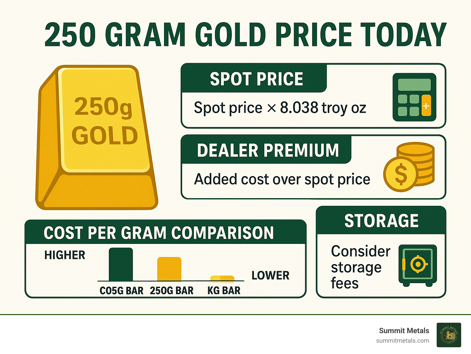 Comprehensive breakdown of 250-gram gold bar pricing components including spot price calculation, dealer premiums, storage considerations, and comparison with other gold investment formats showing cost per gram advantages - 250 gram gold price today infographic 
