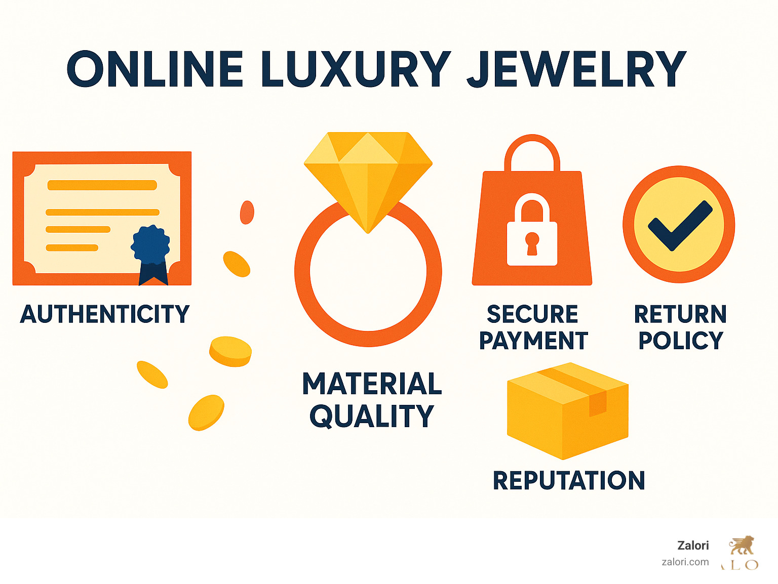 Comprehensive infographic showing the essential factors for buying luxury jewelry online: authentication certificates, material quality indicators, secure payment symbols, return policy icons, and brand verification checkmarks - Online luxury jewelry infographic 