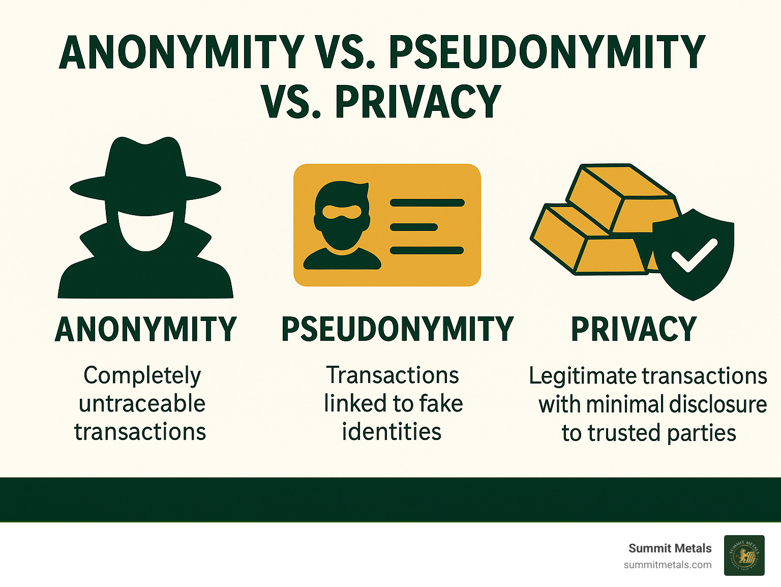 Infographic showing the differences between anonymity (completely untraceable transactions), pseudonymity (transactions linked to fake identities), and privacy (legitimate transactions with minimal disclosure to trusted parties) - Buy gold anonymously infographic 