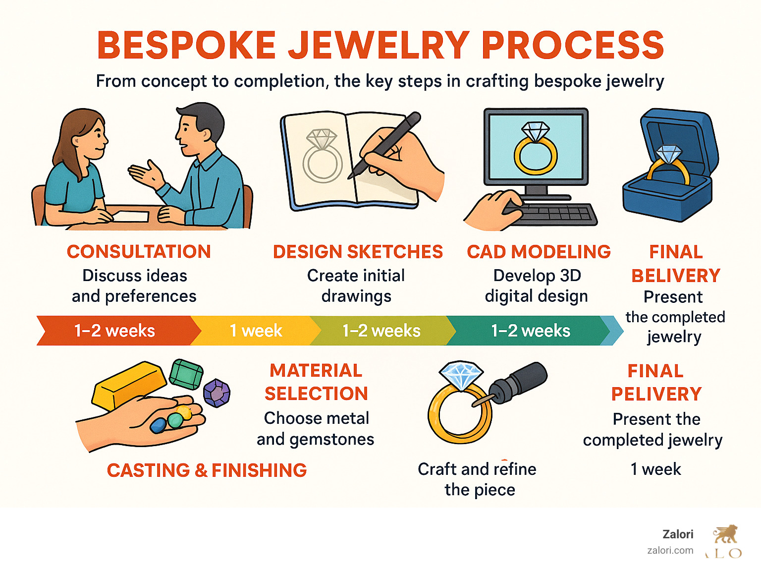 Infographic showing the complete bespoke jewelry process from initial consultation through design sketches, CAD modeling, material selection, casting, finishing, and final delivery with timeline estimates for each phase - Bespoke gold jewelry infographic Infographic showing the complete bespoke jewelry process from initial consultation through design sketches, CAD modeling, material selection, casting, finishing, and final delivery with timeline estimates for each phase - Bespoke gold jewelry infographic