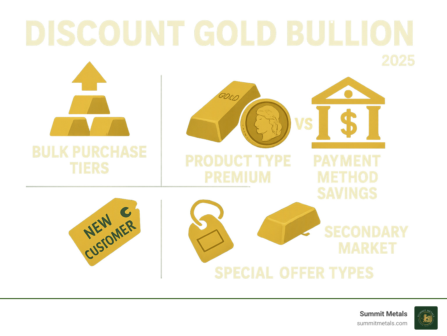 Infographic showing the key factors that create discounts on gold bullion including bulk purchase tiers, product type premiums with bars vs coins comparison, payment method savings, and special offer types like new customer deals and secondary market options - discount gold bullion infographic 