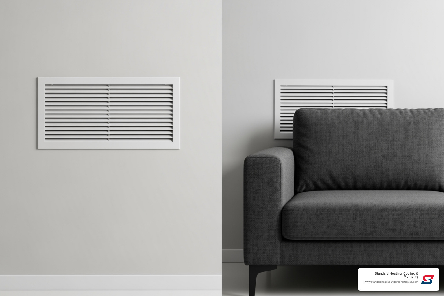 Image showing a clear, unobstructed air vent next to one blocked by furniture - heat pump air flow