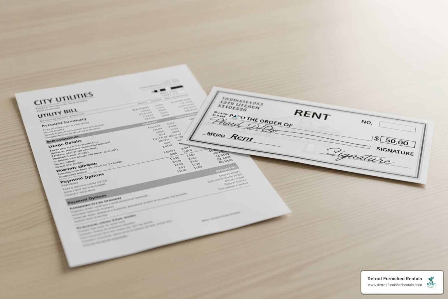 single utility bill next to a rent check - Utilities included apartments