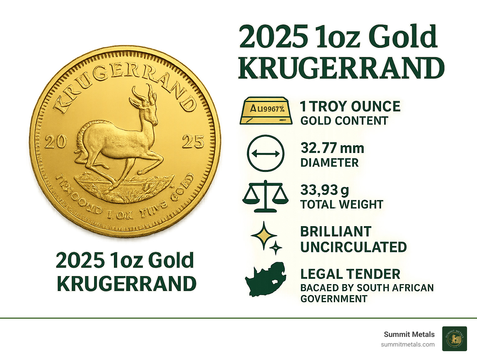 Infographic showing 2025 1oz Gold Krugerrand specifications: 1 Troy Ounce Gold Content at 91.67% purity, 32.77mm diameter, 33.93g total weight, Brilliant Uncirculated condition, and legal tender status backed by South African government - 2025 1oz gold krugerrand infographic 