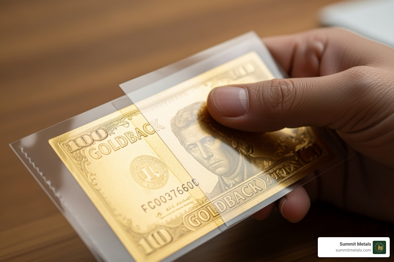 A hand carefully placing a Goldback into a protective currency sleeve - how much is one goldback worth
