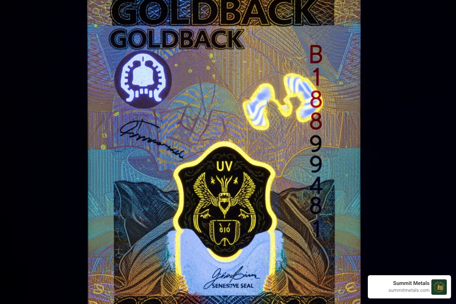 A Goldback note glowing under UV light, highlighting its security features - how much is one goldback worth