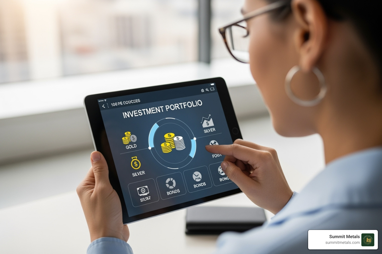 A person confidently looking at their diversified investment portfolio on a tablet, with gold and silver icons visible, symbolizing financial success and foresight - how to make money buying and selling gold and silver