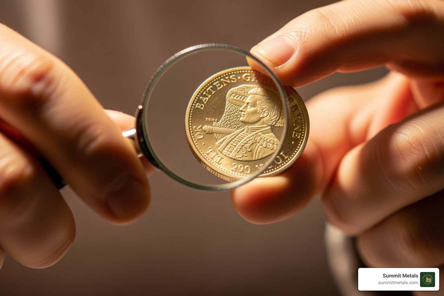 A person inspecting a gold coin with a magnifying glass, emphasizing authenticity verification - how to make money buying and selling gold and silver