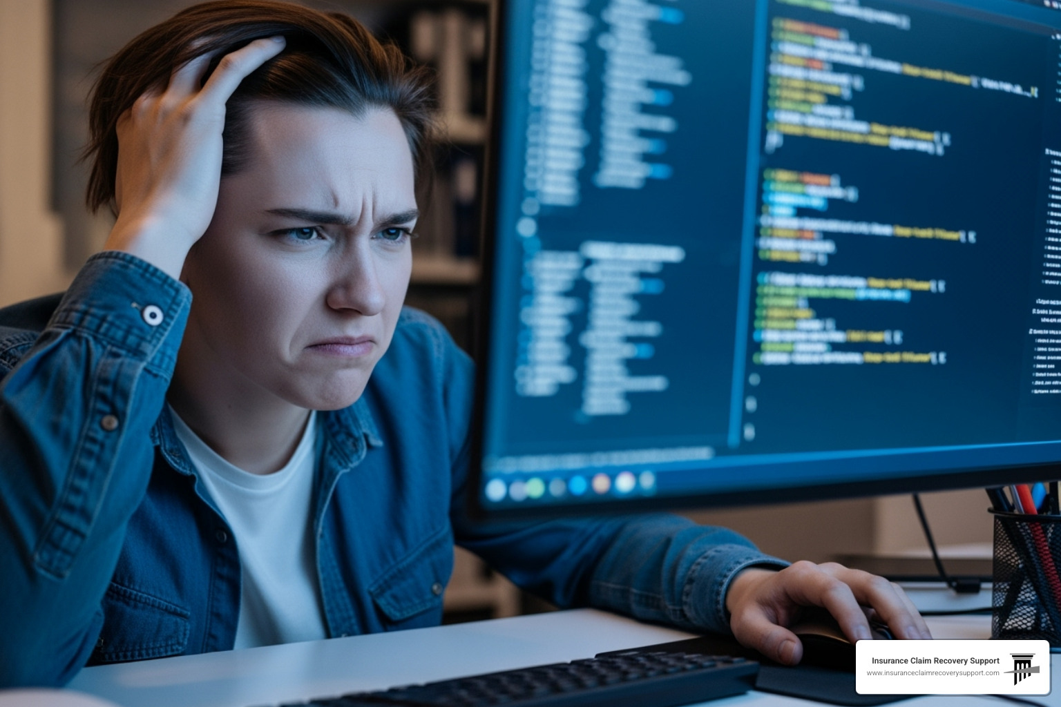 person looking at a computer screen with a frustrated expression - texas license verification