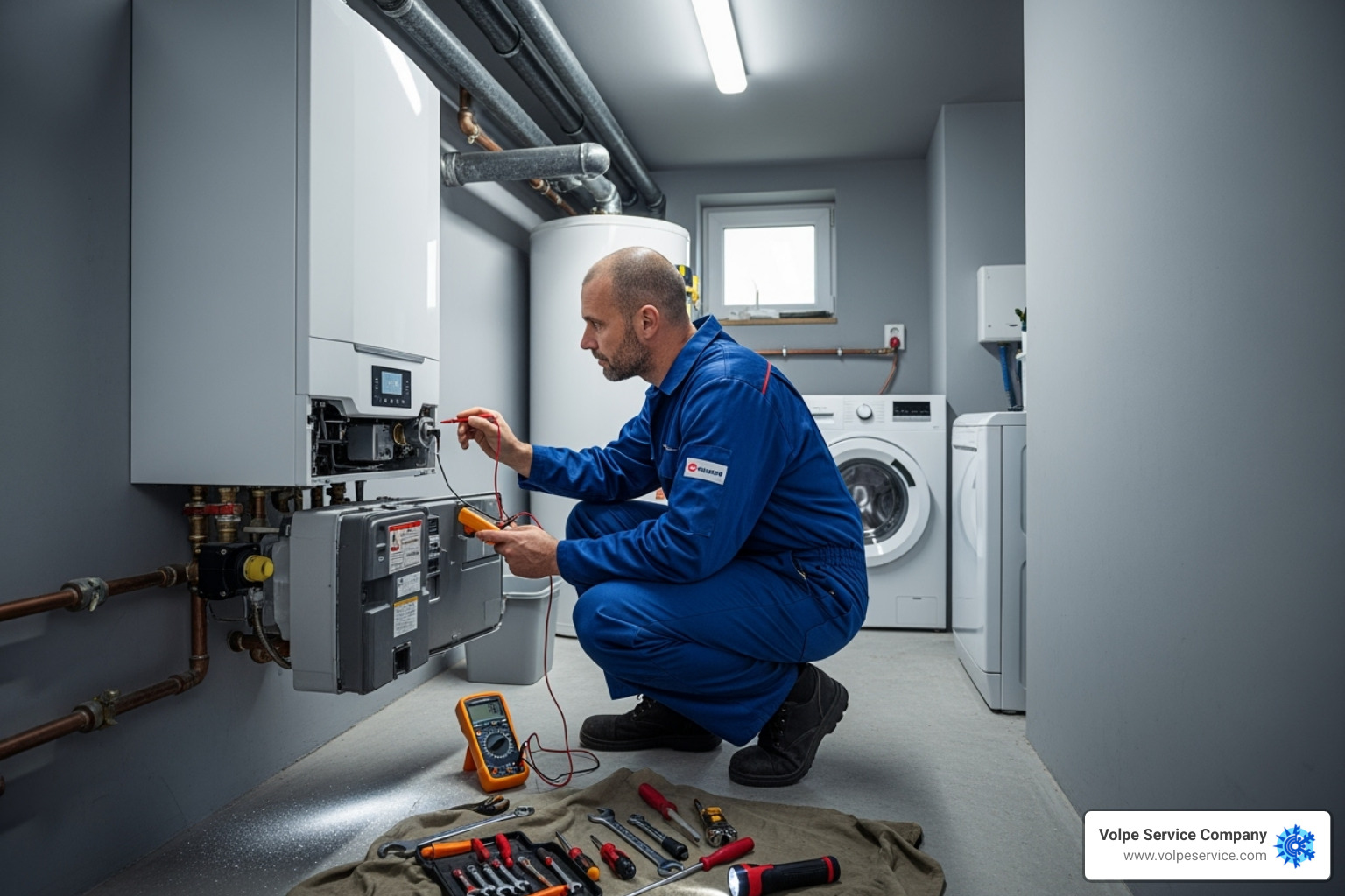 technician performing annual boiler maintenance - boiler leaking water