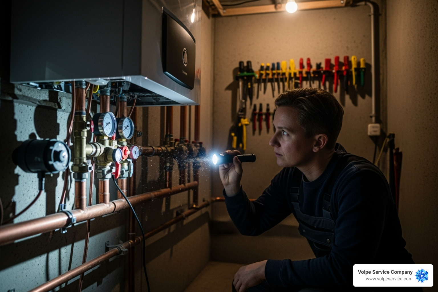 person inspecting boiler pipes with a flashlight - boiler leaking water