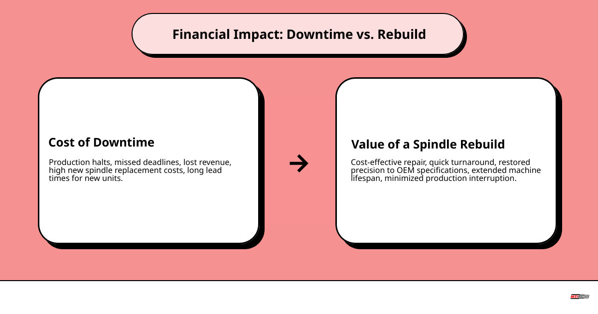 INFOGRAPHIC DETAILING THE FINANCIAL IMPACT OF MACHINE DOWNTIME VERSUS THE COST-EFFECTIVENESS OF A SPINDLE REBUILD - SPINDLE REBUILDERS INFOGRAPHIC CAUSE_EFFECT_TEXT