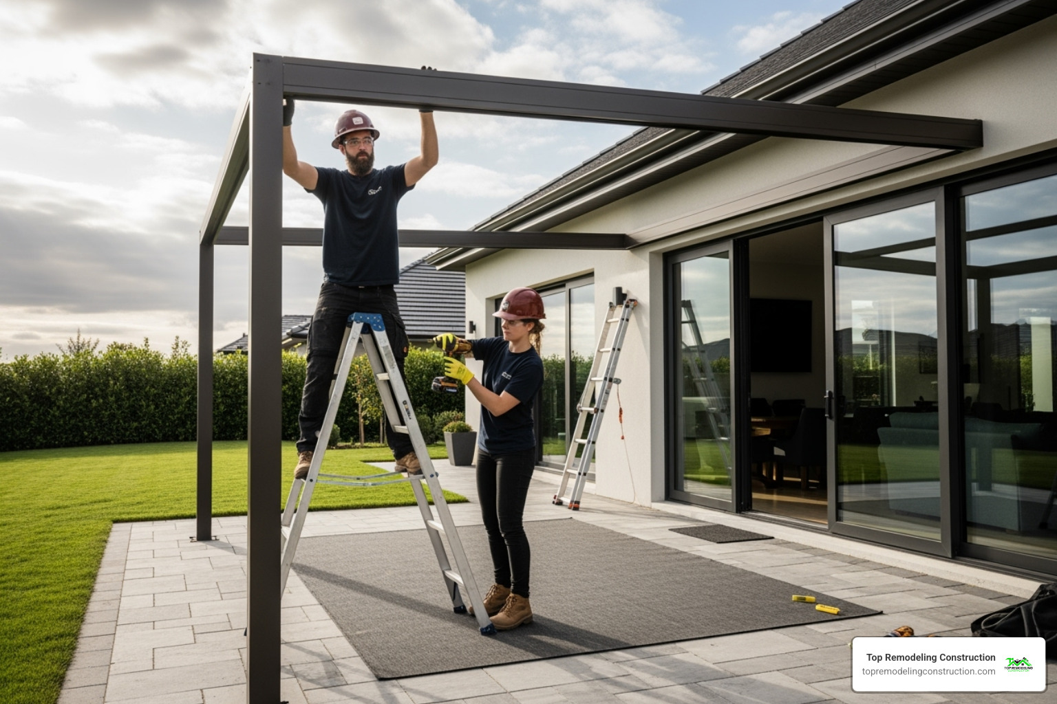 construction crew installing patio cover frame - Covered patio cost construction crew installing patio cover frame - Covered patio cost