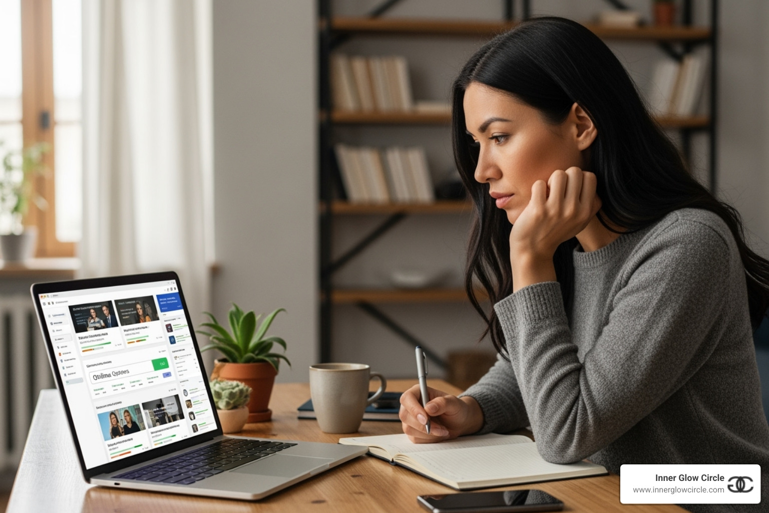 A woman thoughtfully comparing different online course materials on a laptop - life coach training and certification