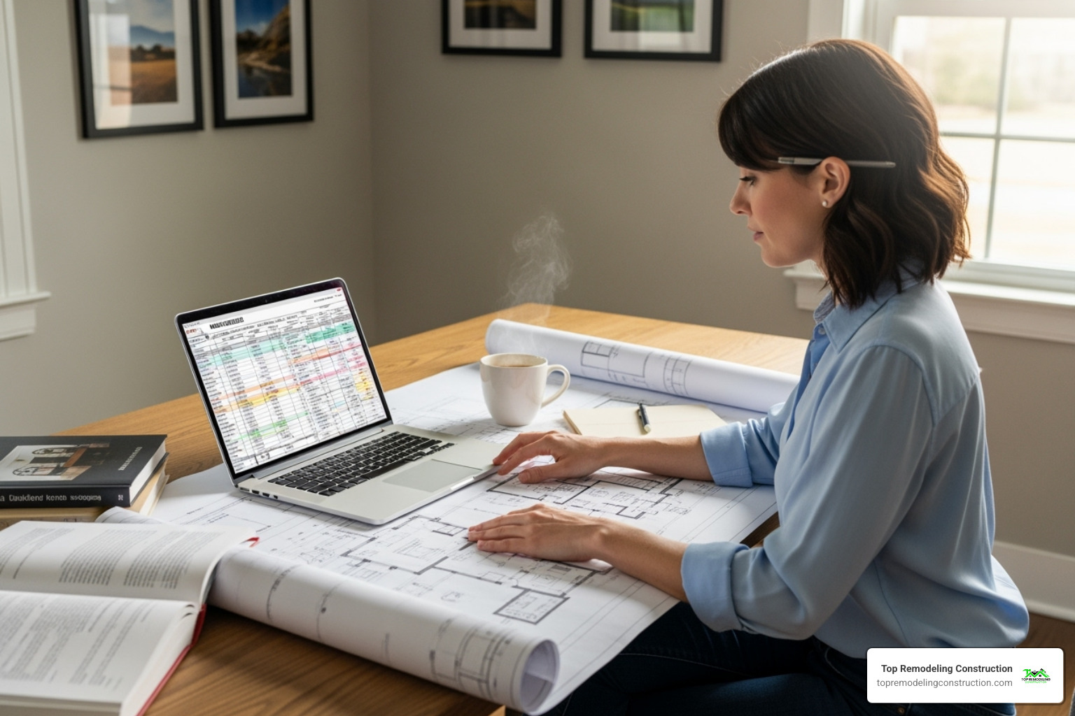 homeowner reviewing blueprints and budget spreadsheet - Covered patio cost homeowner reviewing blueprints and budget spreadsheet - Covered patio cost