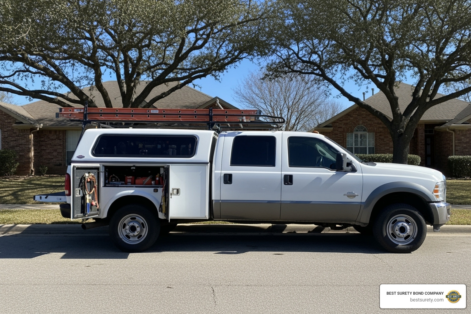 image of a "Licensed, Bonded & Insured" sign on a contractor's truck in Texas - what is the difference between insured and bonded image of a "Licensed, Bonded & Insured" sign on a contractor's truck in Texas - what is the difference between insured and bonded