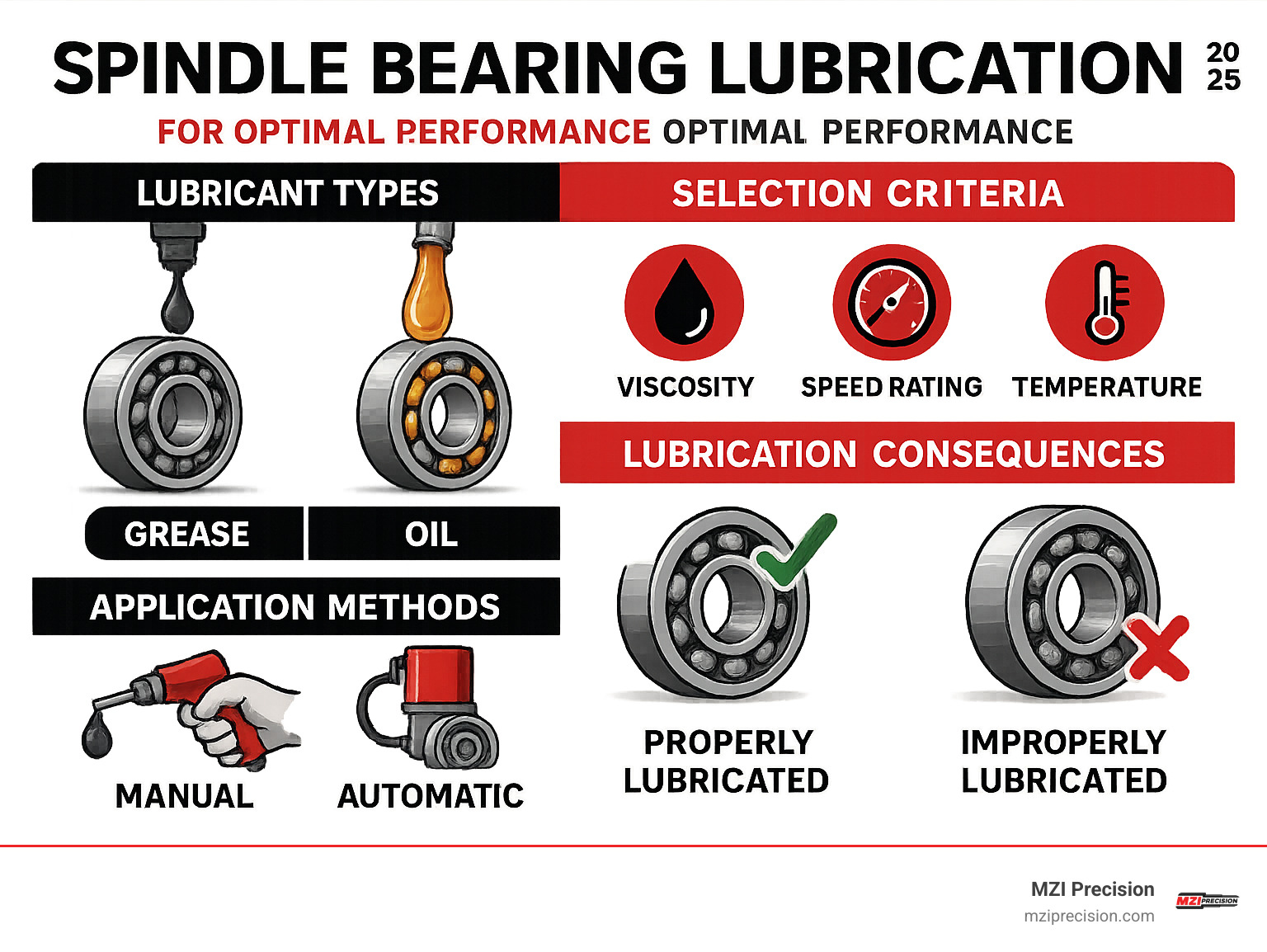 COMPREHENSIVE INFOGRAPHIC SHOWING THE COMPLETE SPINDLE BEARING LUBRICATION PROCESS INCLUDING LUBRICANT TYPES (GREASE VS OIL), APPLICATION METHODS (MANUAL VS AUTOMATIC SYSTEMS), KEY SELECTION CRITERIA (VISCOSITY, SPEED RATING, TEMPERATURE), AND VISUAL COMPARISON OF PROPERLY LUBRICATED VS IMPROPERLY LUBRICATED BEARING CONSEQUENCES - SPINDLE BEARING LUBRICATION INFOGRAPHIC 