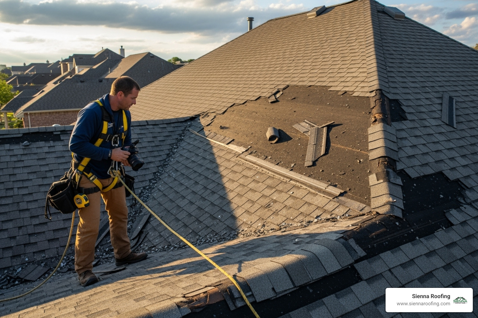 A roof with visible hail or wind damage, showing missing shingles and dents. A safety-harnessed roofer is inspecting the damage. - roofing repair sugar land A roof with visible hail or wind damage, showing missing shingles and dents. A safety-harnessed roofer is inspecting the damage. - roofing repair sugar land