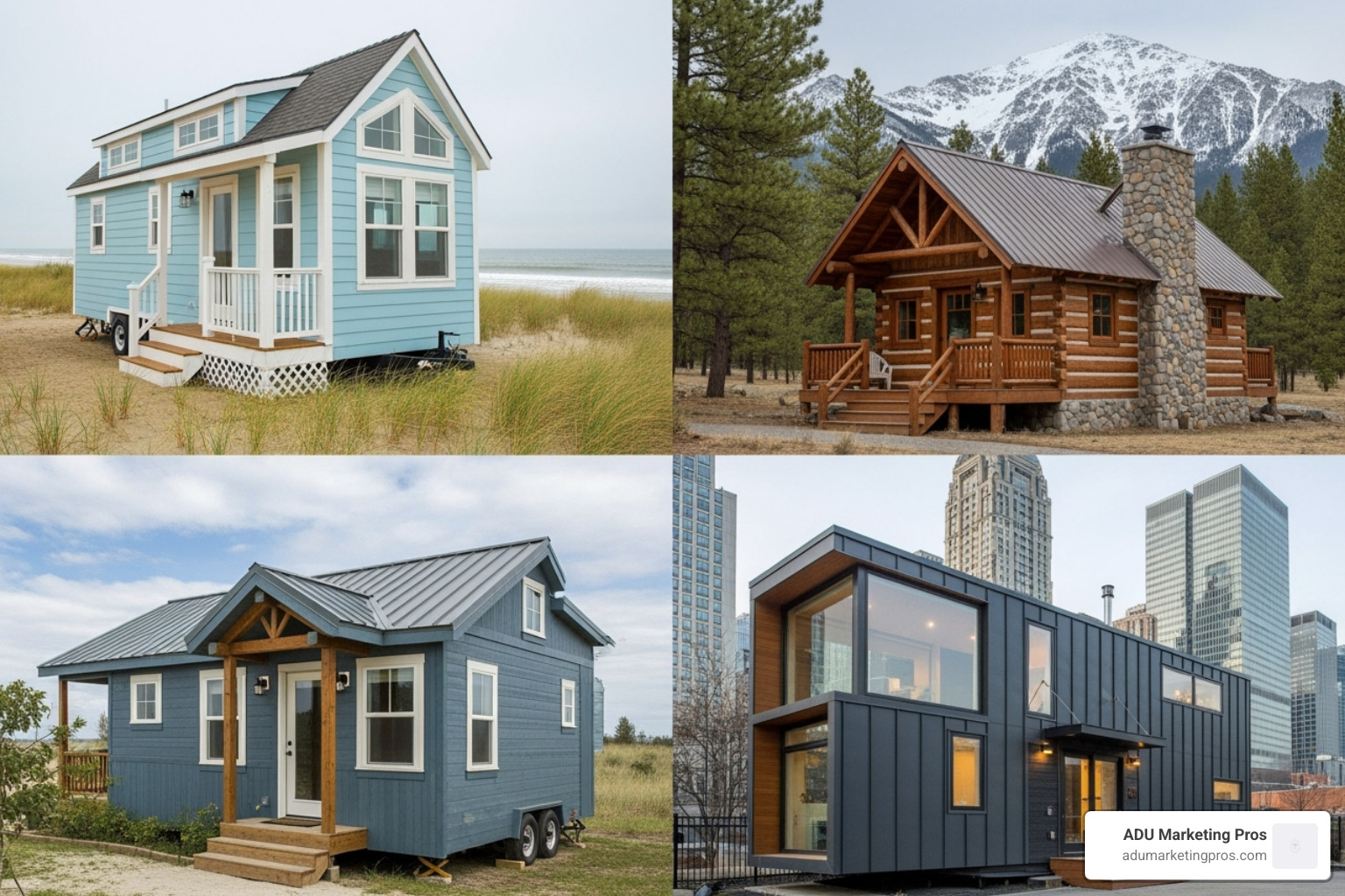 collage showcasing a variety of tiny home designs, including a coastal-style home, a rustic mountain cabin, and a sleek, modern urban model - tiny homes builders in california