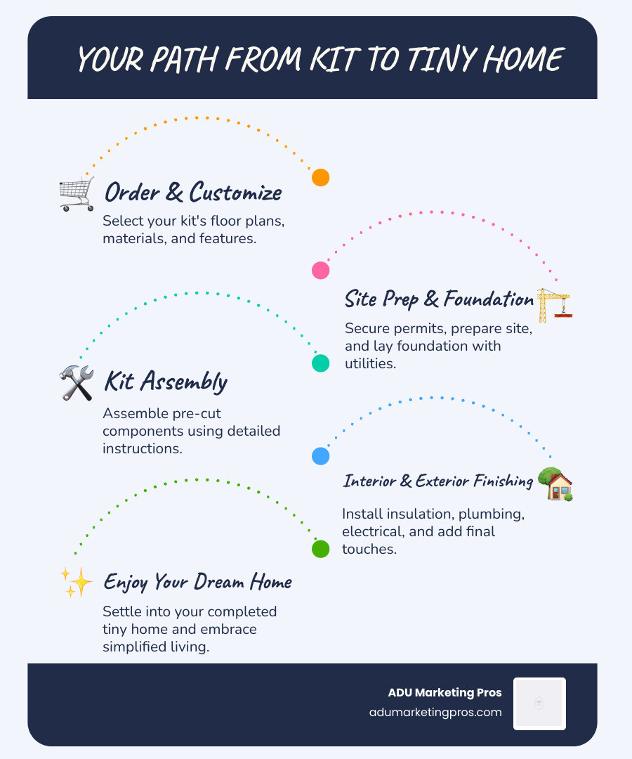 Infographic showing the 4 main steps from tiny home kit to finished home: 1. Order & Customize your kit with floor plans and material selection, 2. Site Prep & Foundation including permits and utility connections, 3. Kit Assembly with pre-cut components and detailed instructions, 4. Interior & Exterior Finishing including insulation, plumbing, electrical, and final touches - tiny home building kits infographic infographic-line-5-steps-blues-accent_colors