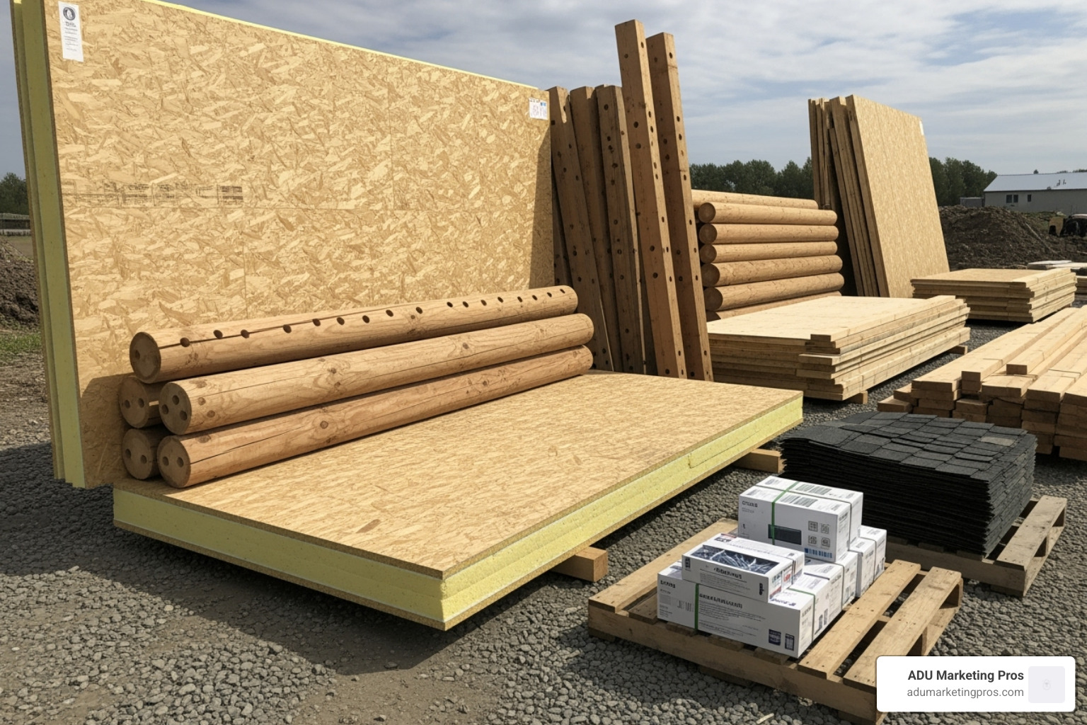 different kit components laid out before assembly, showing SIPs next to pre-cut logs - tiny home building kits