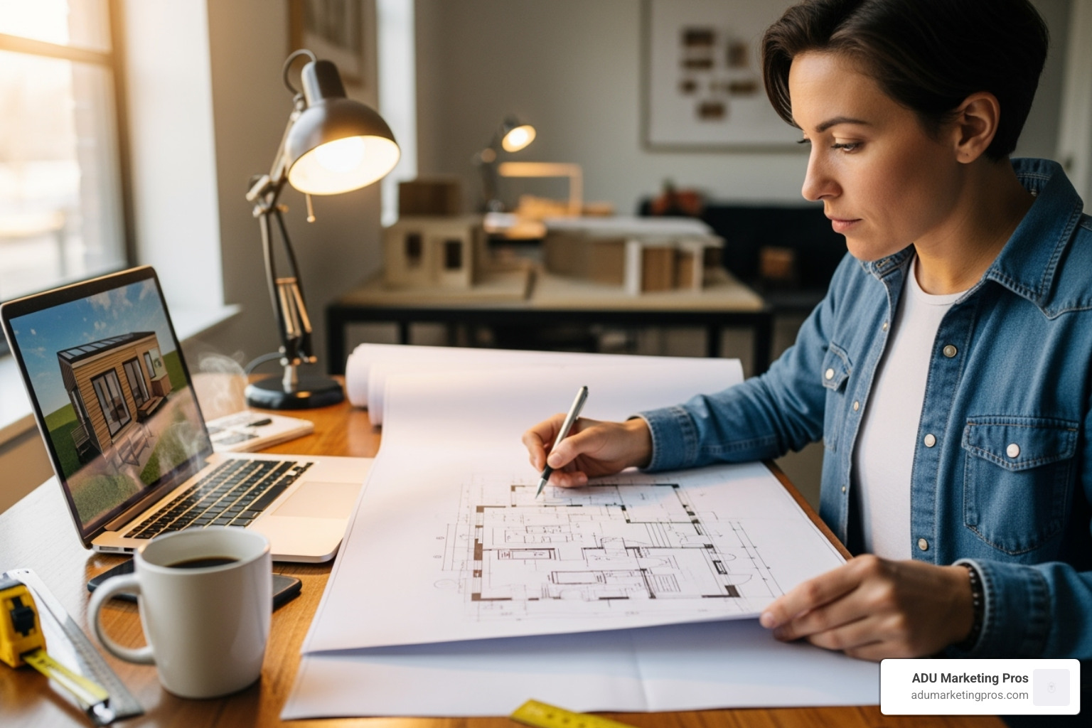 person carefully reviewing the blueprints for a tiny home kit with a laptop open nearby - tiny home building kits