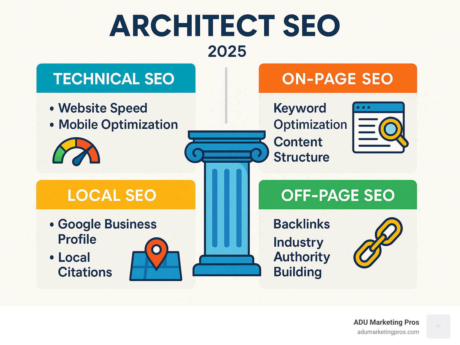 Infographic showing the four core pillars of architect SEO: Technical SEO foundation with website speed and mobile optimization, On-Page SEO with keyword optimization and content structure, Local SEO with Google Business Profile and local citations, and Off-Page SEO with backlinks and industry authority building - architect seo infographic 