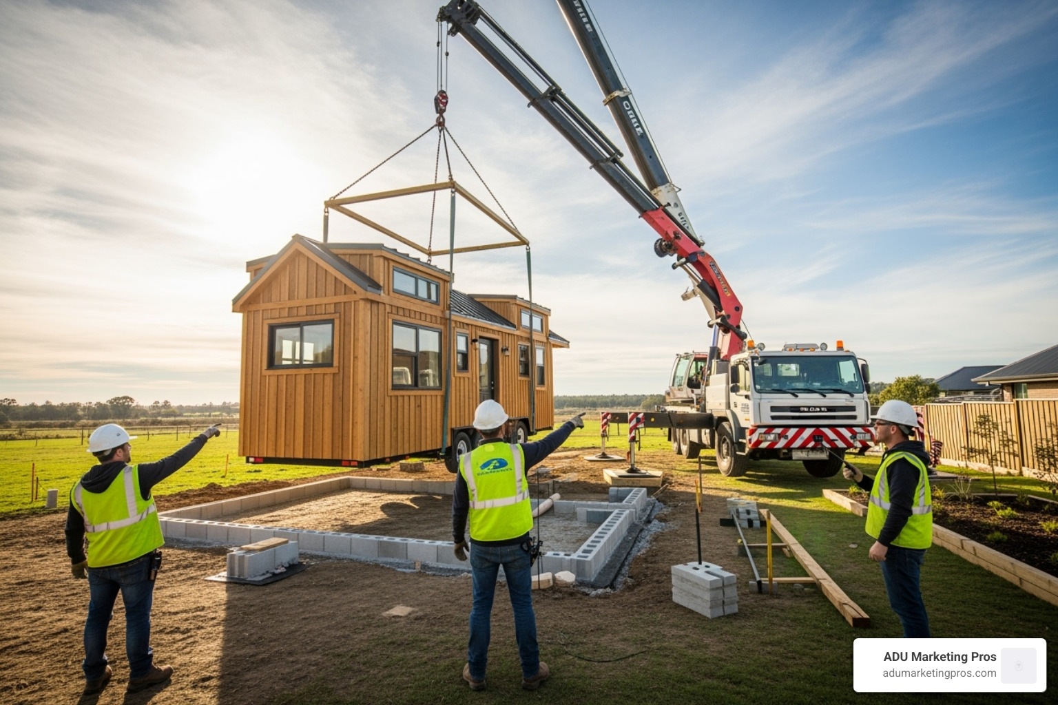 tiny home being delivered and placed on a prepared plot of land - tiny home builder
