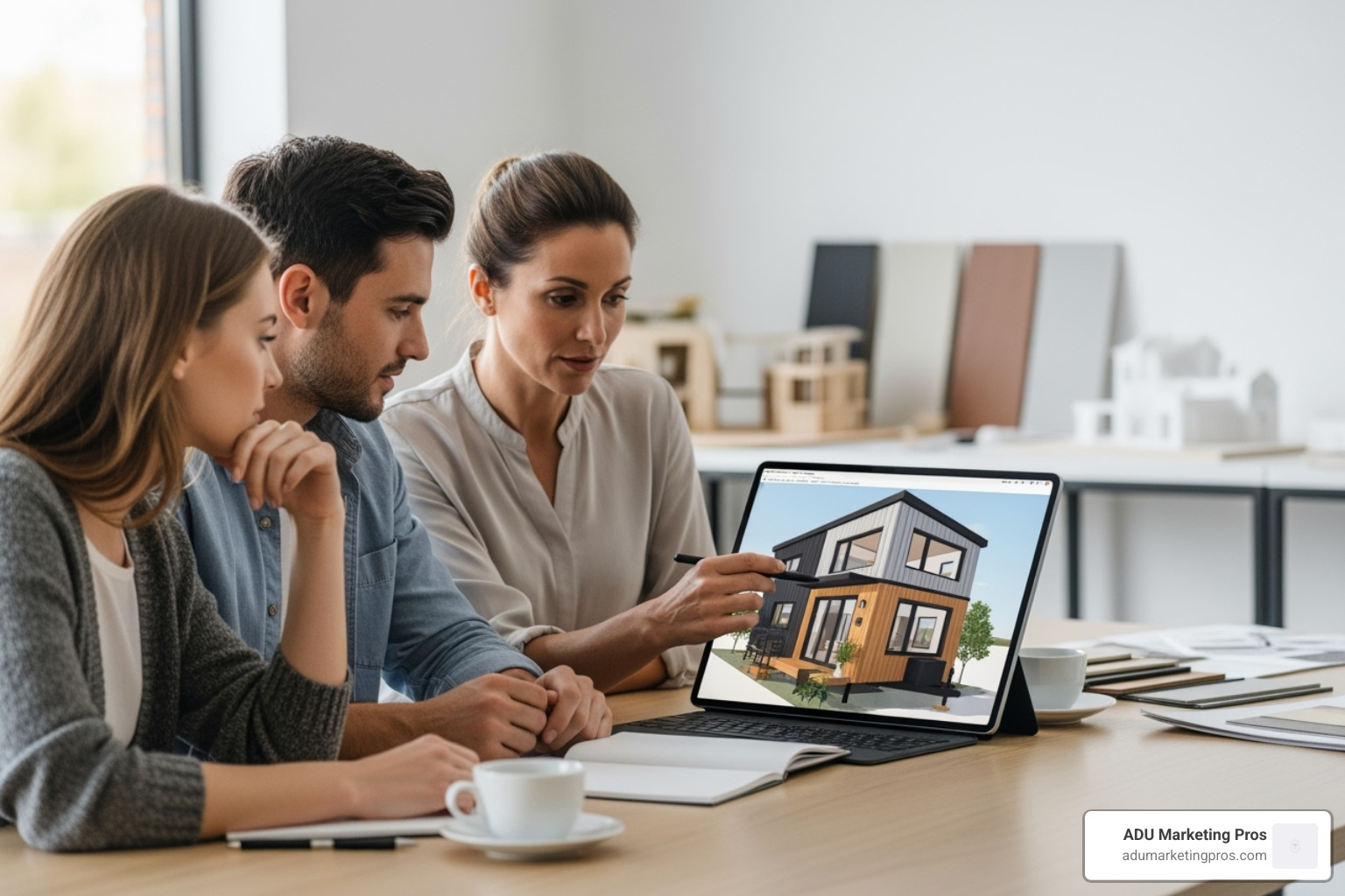 couple reviewing 3D architectural renderings of their future tiny home with a designer - tiny home builder
