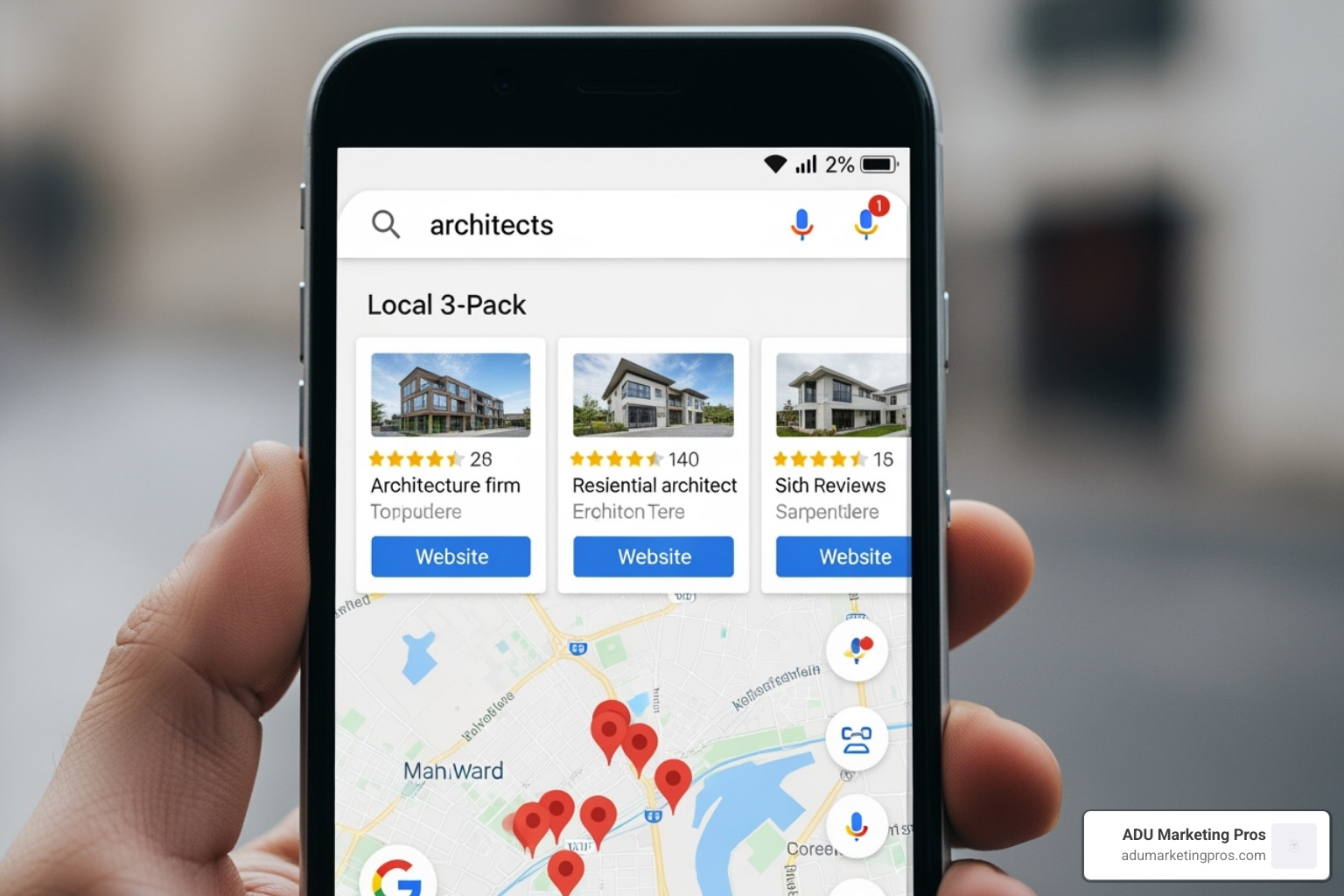 Google Maps search result on a smartphone showing the "Local 3-Pack" for architects in a specific city - architect seo