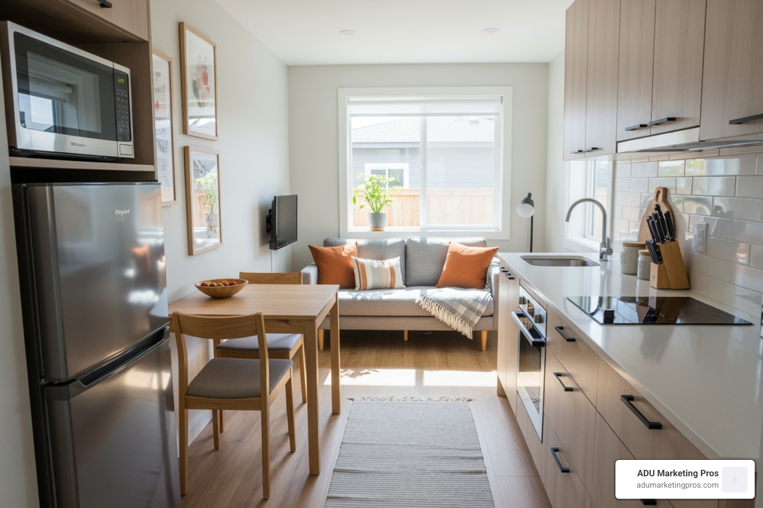 A cozy ADU interior showing a compact living area with a sofa, a small dining table, and a well-designed kitchenette with modern appliances. Natural light streams in from a large window. - ADU living spaces