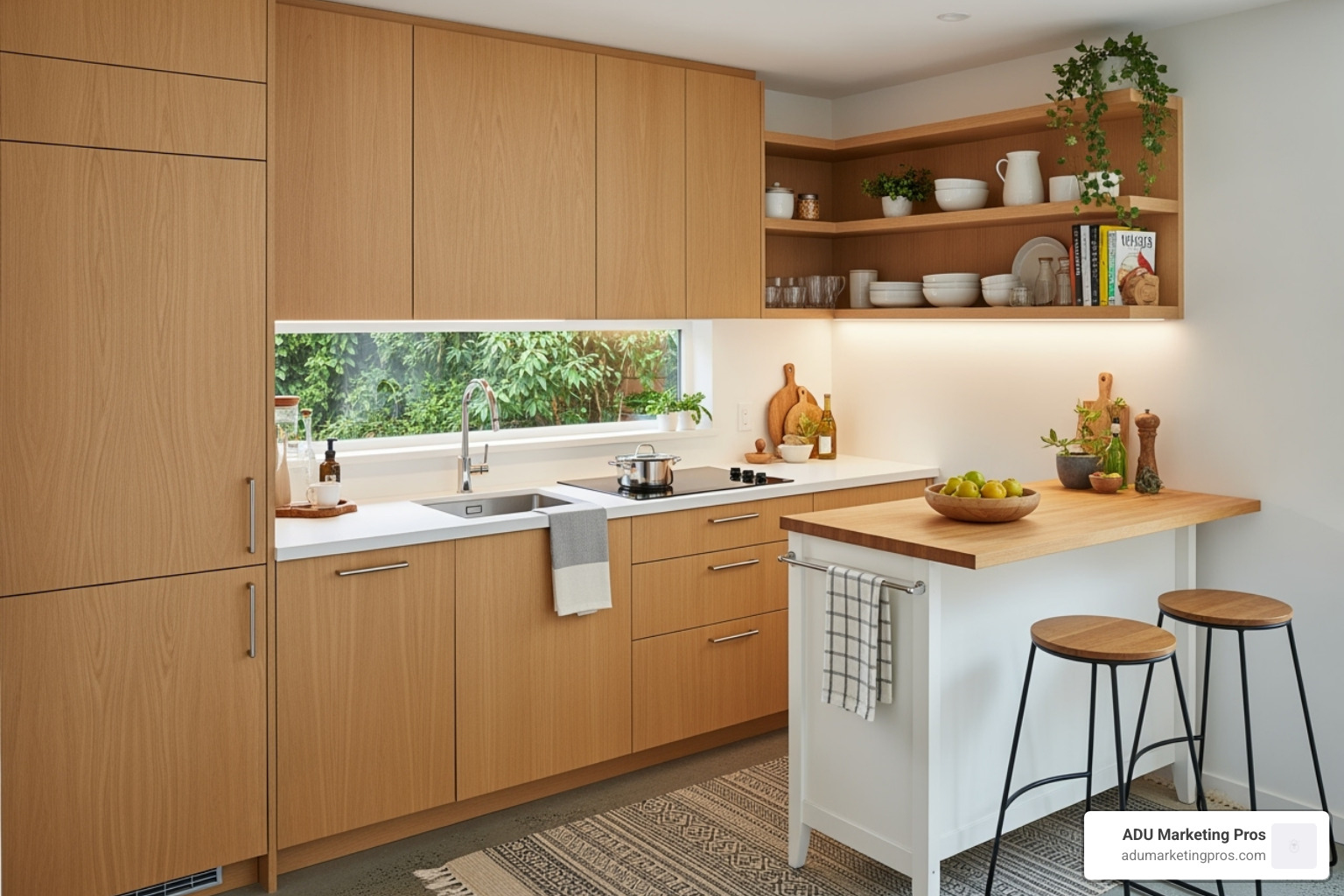 A cleverly designed small ADU kitchen featuring light wood cabinetry, a compact sink, and a two-burner cooktop. A movable island serves as both prep space and a dining area, and open shelving above adds storage and a touch of warmth. - ADU living spaces