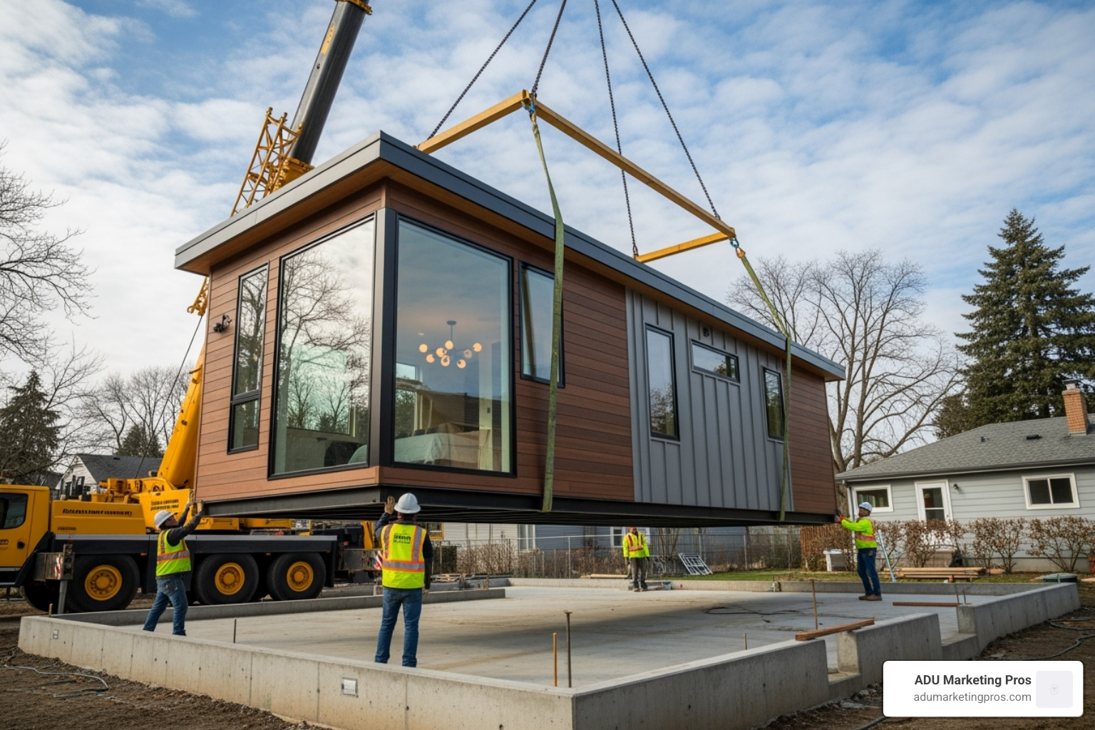 A modern, modular ADU being lifted by a crane and installed on a prepared foundation, demonstrating efficient and innovative construction methods. - ADU living spaces