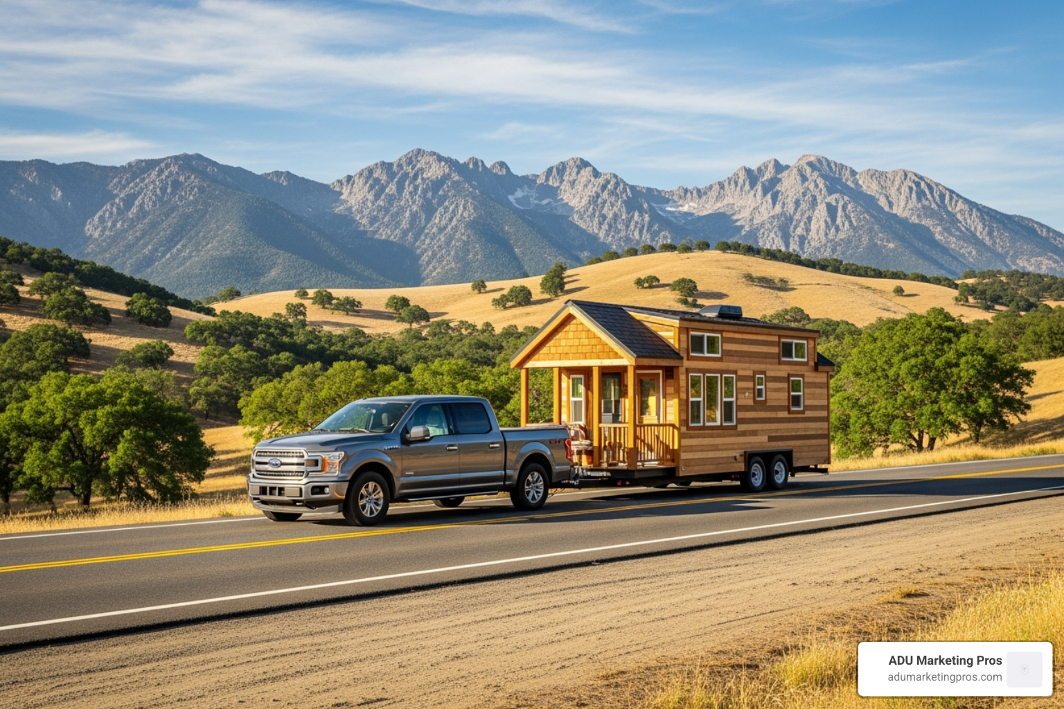 a classic Tiny Home on Wheels (THOW) being towed down a scenic California highway. - tiny homes bay area for sale