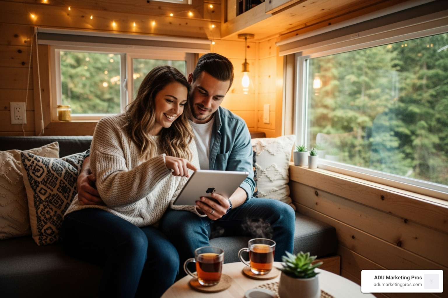 a couple happily browsing tiny home listings on a tablet inside a cozy, well-lit tiny home interior. - tiny homes bay area for sale