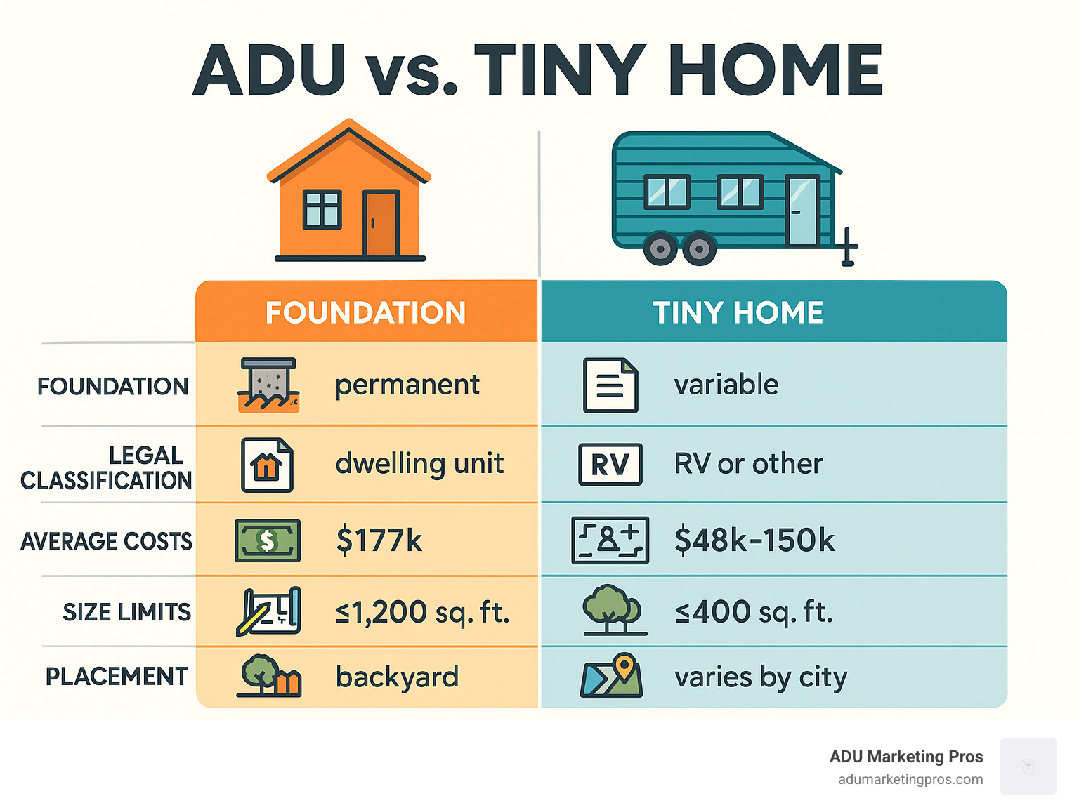 Comparison infographic showing ADU vs Tiny Home characteristics including foundation type, legal classification, average costs, size limits, and placement requirements in the Bay Area - tiny home or adu bay area infographic 