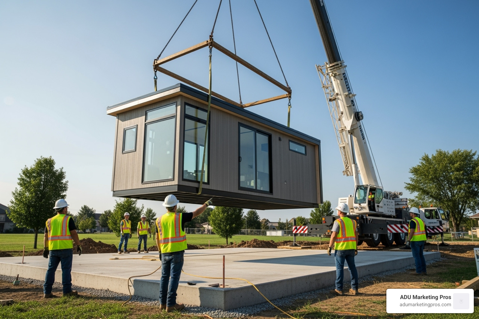 modern prefab tiny home module being craned into place - cheap little homes