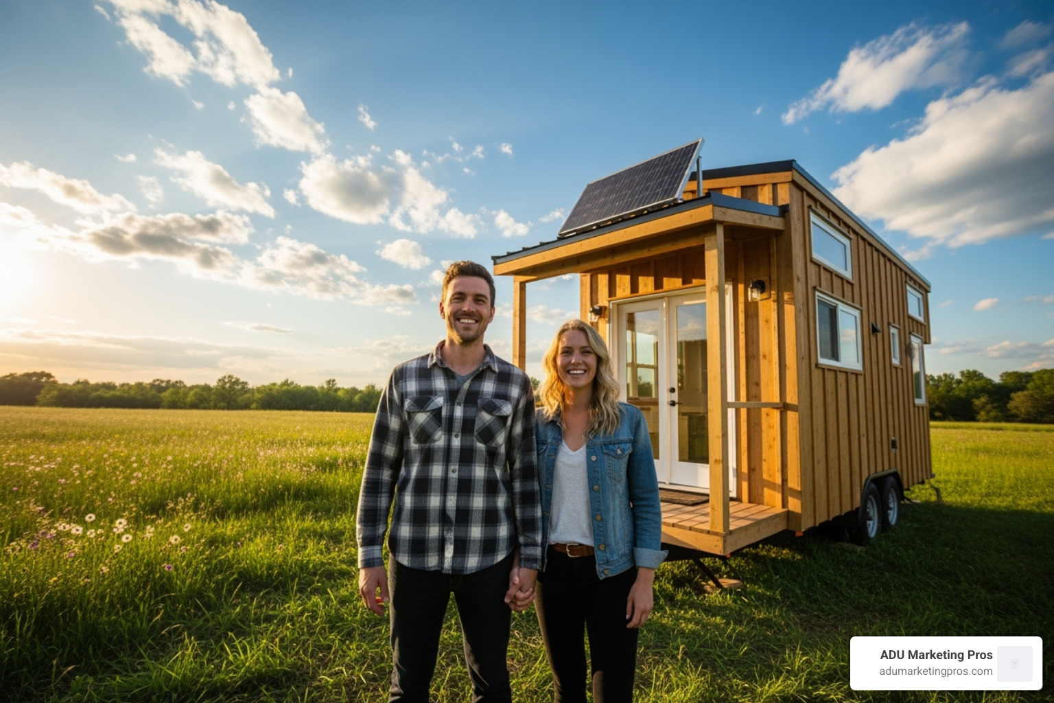 happy couple standing proudly in front of their newly completed tiny home - cheap little homes