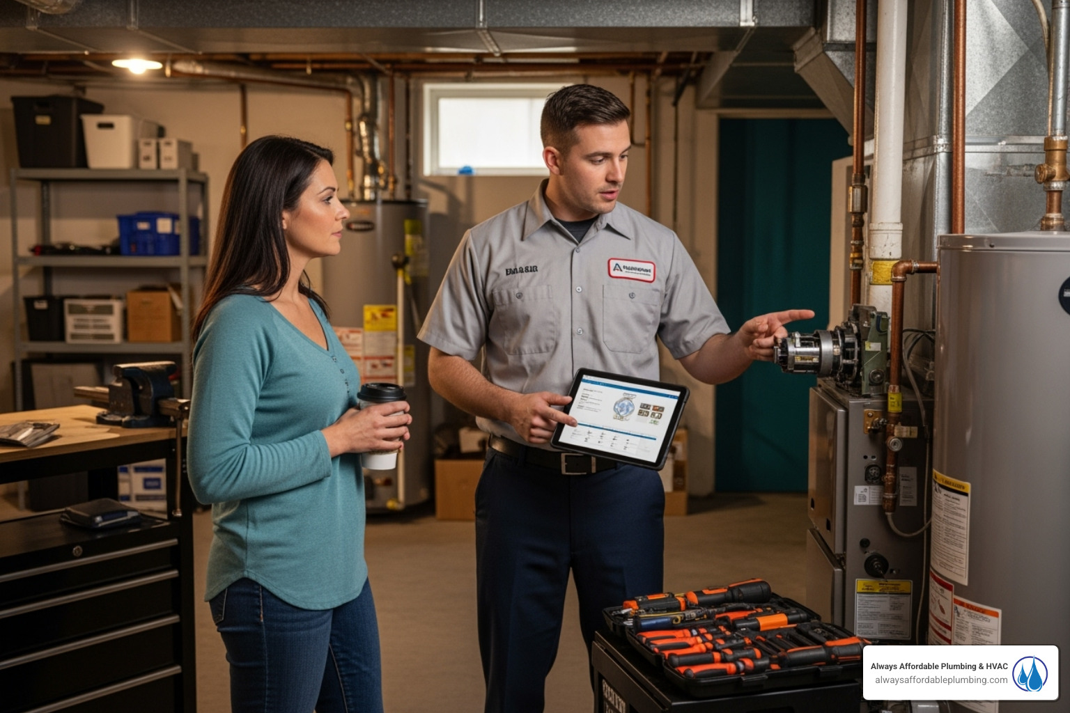 technician explaining AC options to homeowner - air conditioner repair sacramento