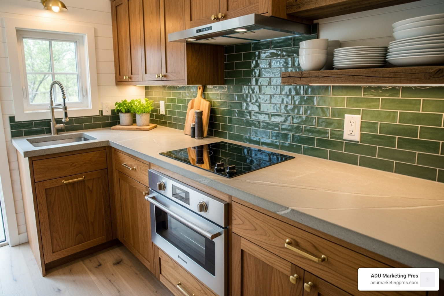 high-end tiny house kitchen with custom cabinetry and compact, premium appliances - cost of tiny homes