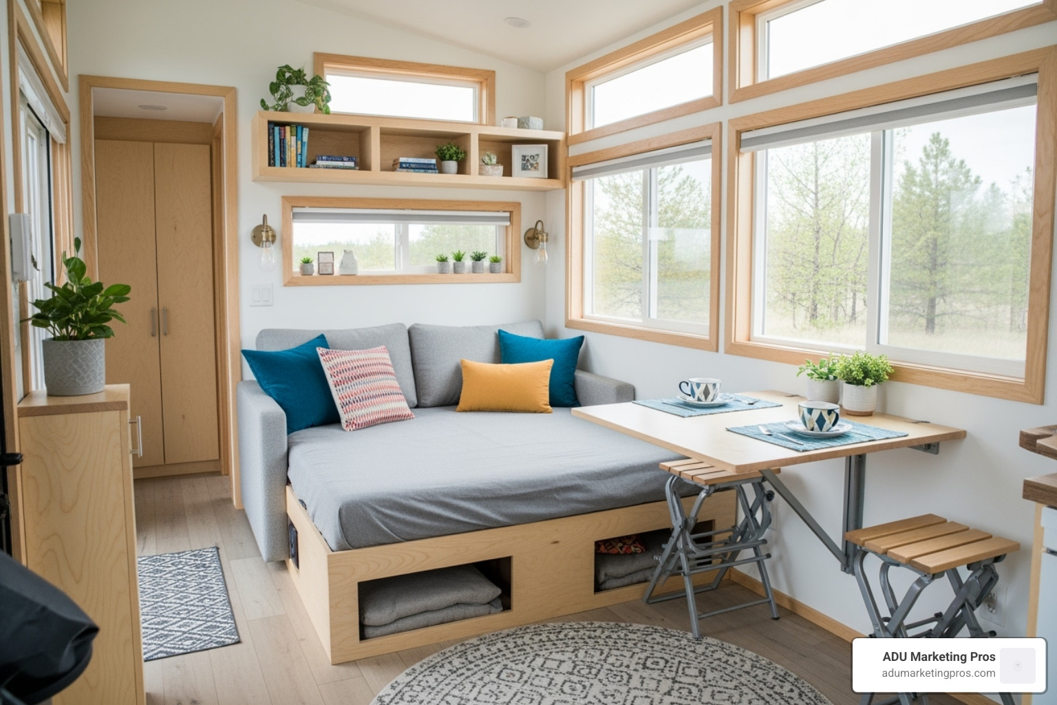 well-designed tiny home interior with multi-functional furniture - cost of tiny homes