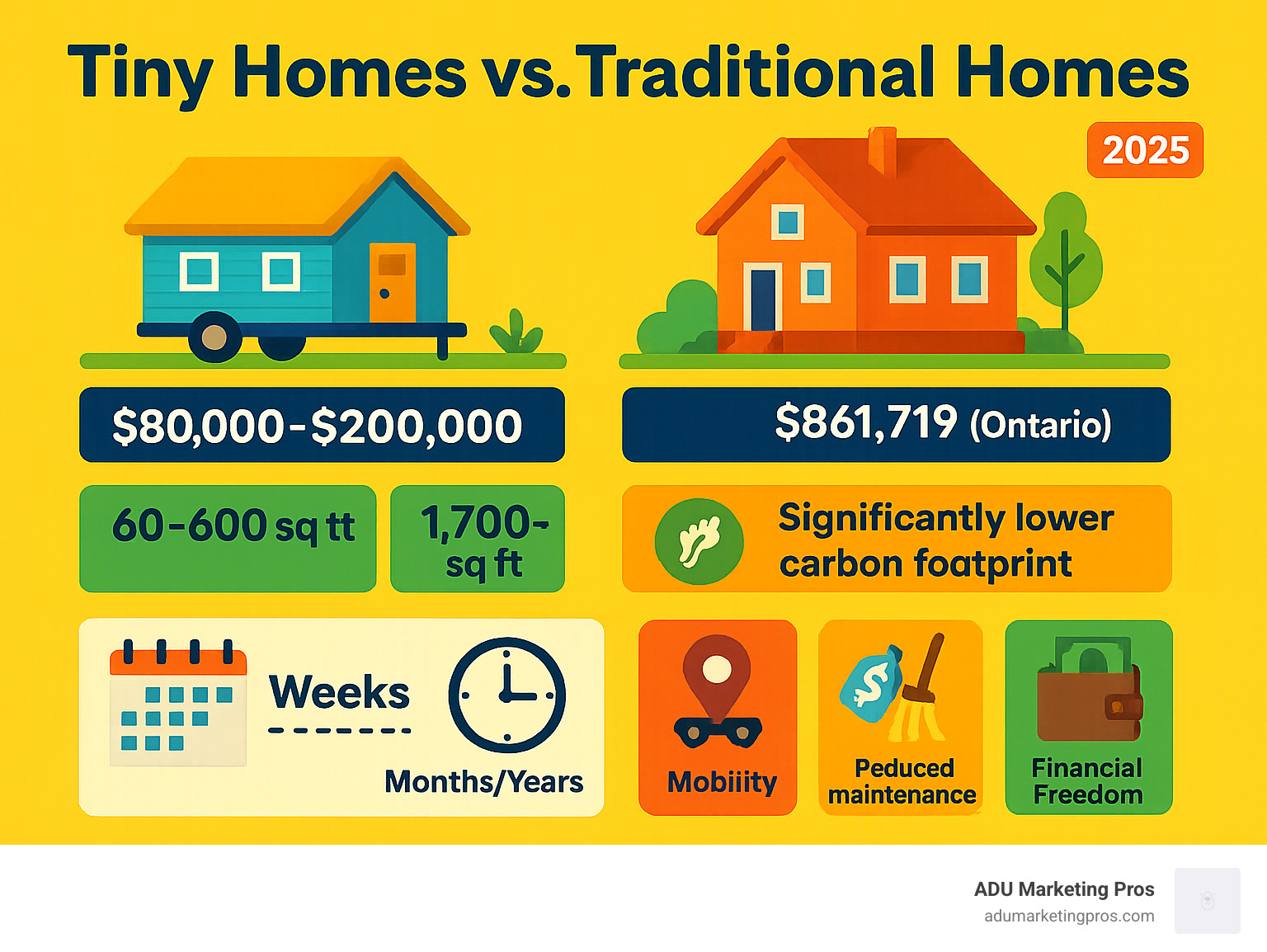 Infographic showing the comparison between tiny homes and traditional homes, including average costs ($80,000-$200,000 vs $861,719 in Ontario), size differences (60-600 sq ft vs 1,700+ sq ft), environmental impact (significantly lower carbon footprint), construction timeline (weeks vs months/years), and key benefits like mobility, lower utilities, reduced maintenance, and financial freedom through minimal debt - cheap little homes infographic 