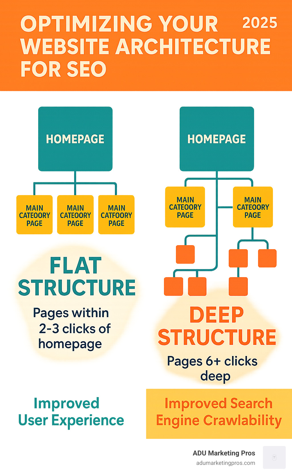 Infographic showing a clean, flat website architecture with homepage connecting to main category pages within 2-3 clicks, compared to a deep, convoluted structure with pages buried 6+ clicks deep, highlighting improved user experience and search engine crawlability in the flat structure - optimizing your website architecture for seo infographic 