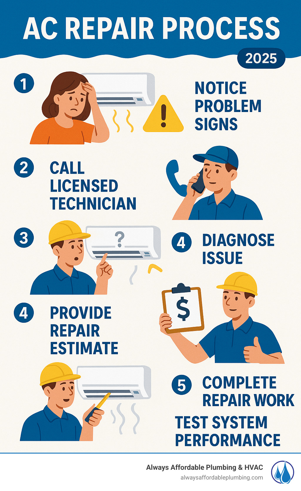 Infographic showing the AC repair process: homeowner notices problem signs, calls licensed technician, technician diagnoses issue, provides repair estimate, completes repair work, and tests system performance - air conditioner repair sacramento infographic 