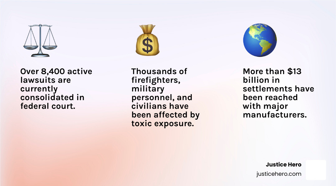 Comprehensive infographic showing AFFF lawsuit timeline from 1960s development by US Navy and 3M, through decades of manufacturer knowledge of PFAS dangers, to current multi-billion dollar settlements and ongoing litigation with over 8,400 pending cases - firefighting foam action lawsuit infographic 3_facts_emoji_light-gradient