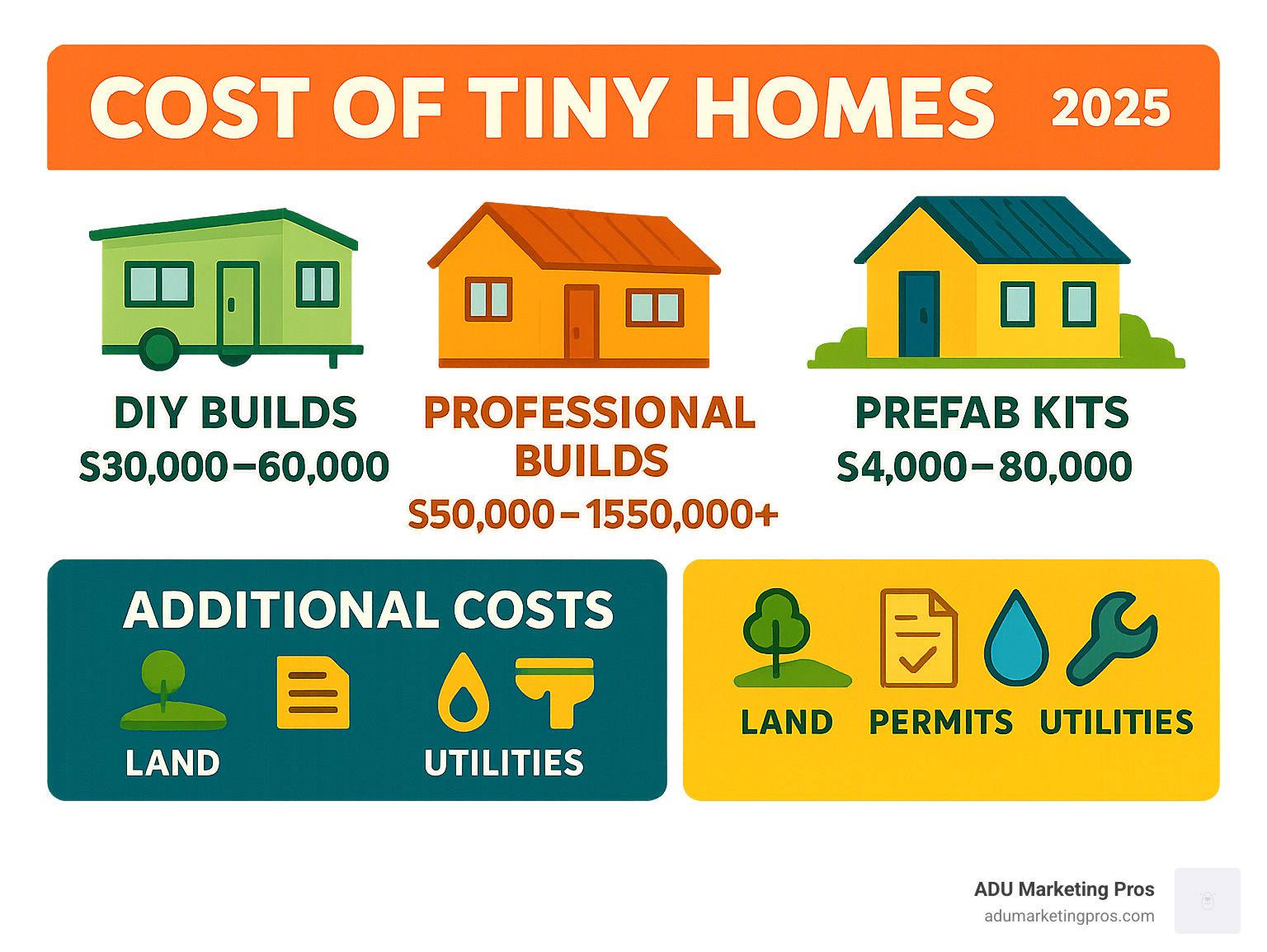 Comprehensive cost breakdown infographic showing DIY builds ranging from $30,000-$60,000, professional builds from $50,000-$150,000+, and prefab kits from $4,000-$80,000, with additional costs for land, permits, utilities, and maintenance clearly displayed - cost of tiny homes infographic 