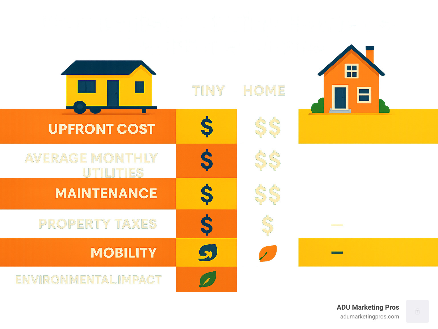 Comparison table of Tiny Home vs. Traditional Home across key metrics: Upfront Cost, Average Monthly Utilities, Maintenance, Property Taxes, Mobility, and Environmental Impact - cheap little homes infographic 