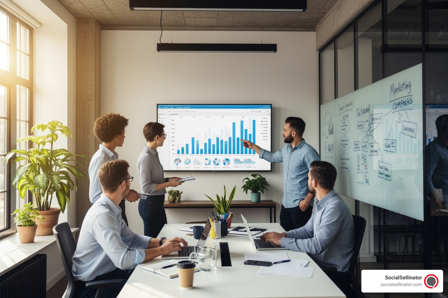 Marketing team collaborating with charts and graphs in a modern office — top digital marketing agencies los angeles best firms