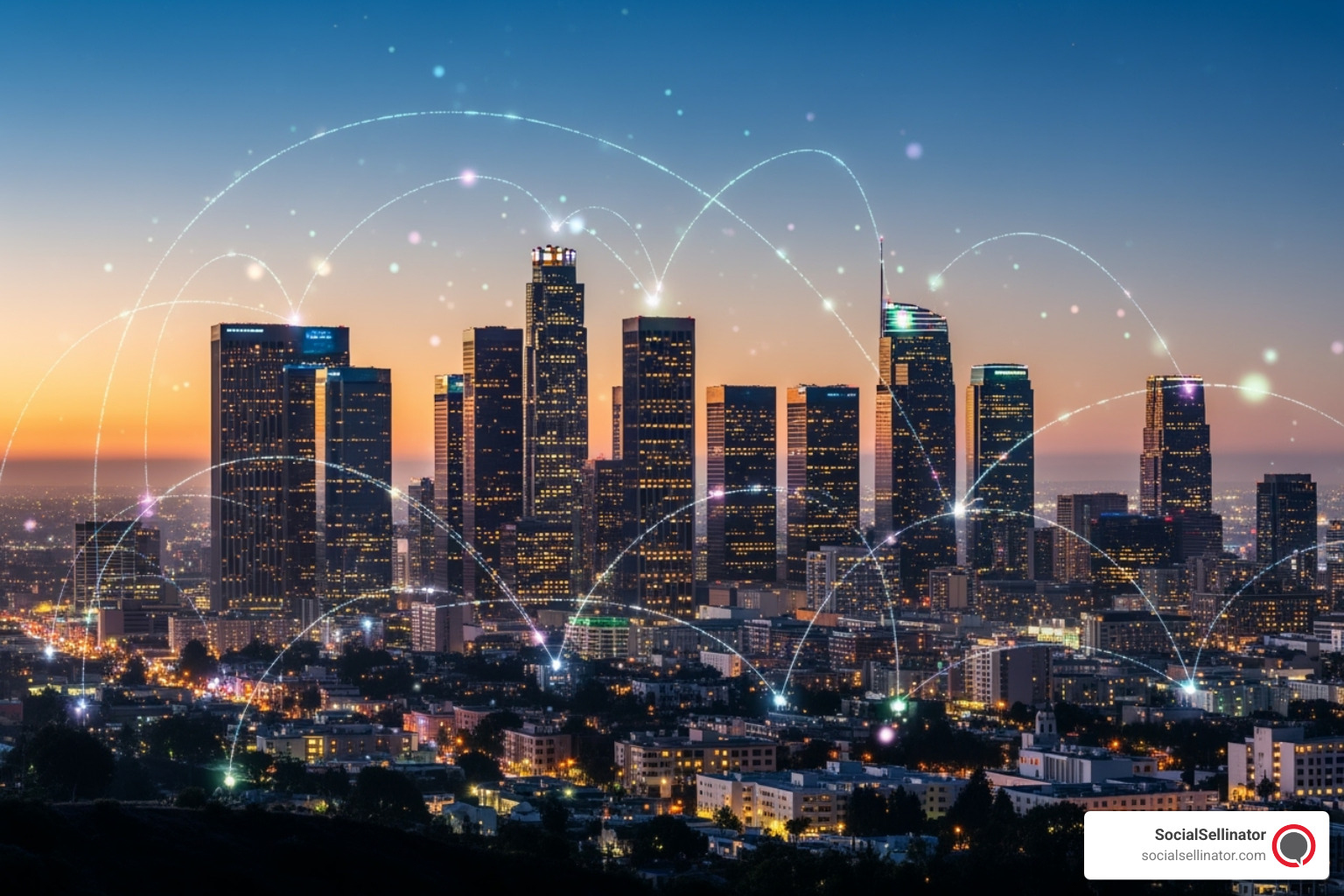 Aerial skyline of Los Angeles with digital marketing icons overlay — top digital marketing agencies los angeles best firms